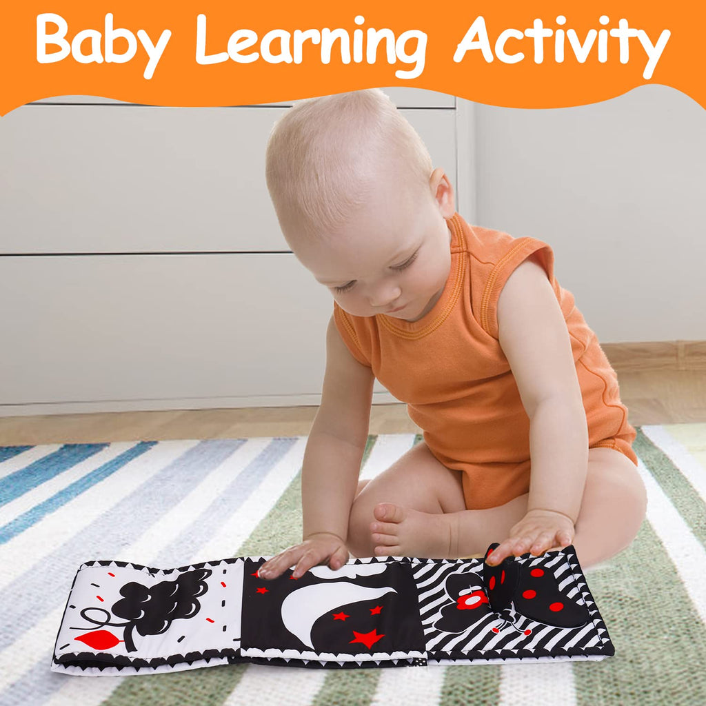 Thremhoo Black and White High Contrast Baby Toy Set - Tummy Time Soft Crinkle Book with Mirror and 3D Butterfly for Infants 0-6 Months