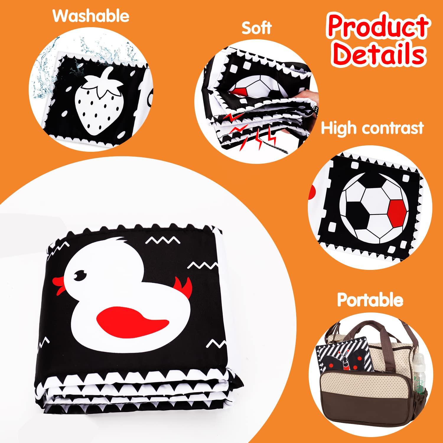 Thremhoo Black and White High Contrast Baby Toy Set - Tummy Time Soft Crinkle Book with Mirror and 3D Butterfly for Infants 0-6 Months