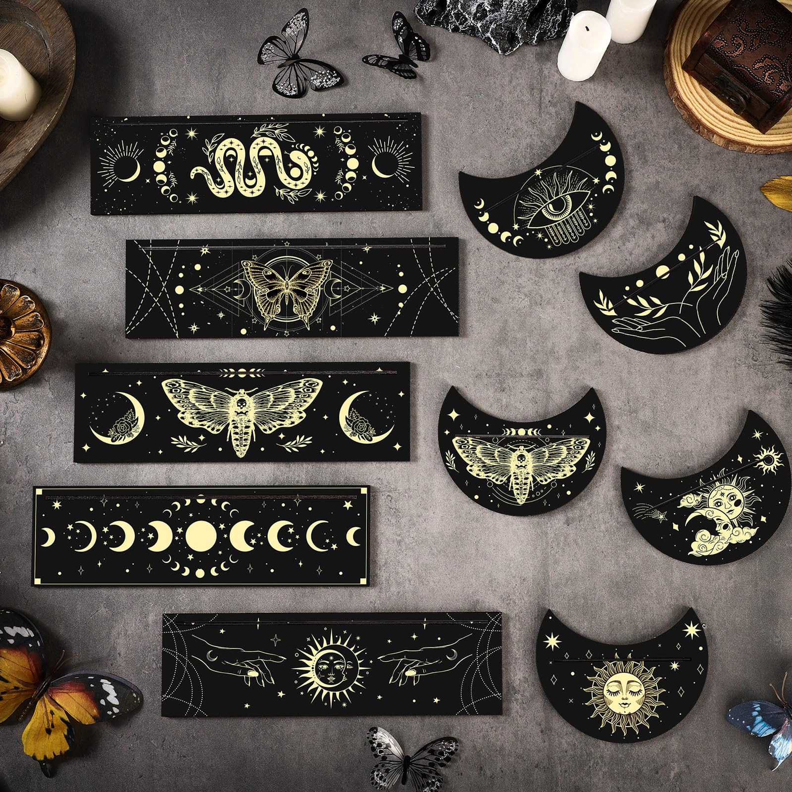 Thyle 10-Piece Black Gold Wooden Tarot Card Holder Set - Rectangular and Moon Shaped Stands for Display and Gifts