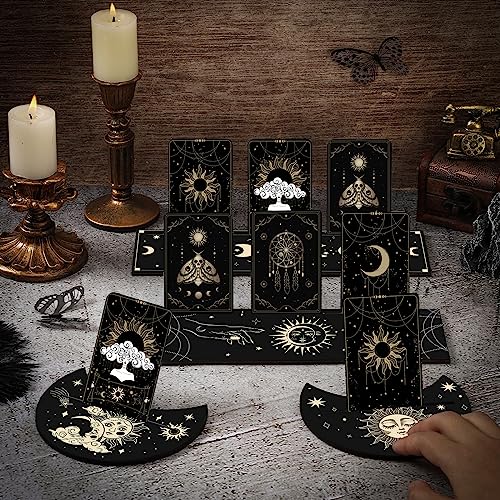 Thyle 10-Piece Black Gold Wooden Tarot Card Holder Set - Rectangular and Moon Shaped Stands for Display and Gifts