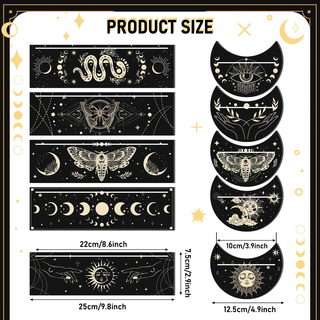Thyle 10-Piece Black Gold Wooden Tarot Card Holder Set - Rectangular and Moon Shaped Stands for Display and Gifts