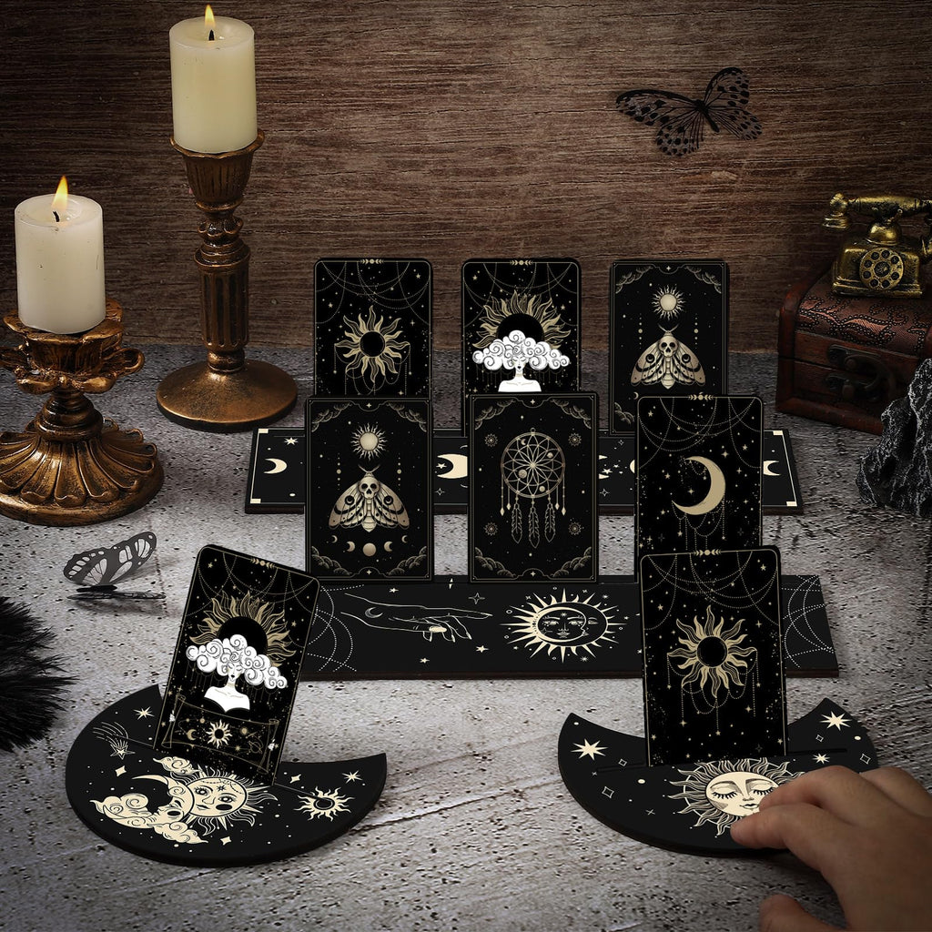 Thyle 10-Piece Black Gold Wooden Tarot Card Holder Set - Rectangular and Moon Shaped Stands for Display and Gifts