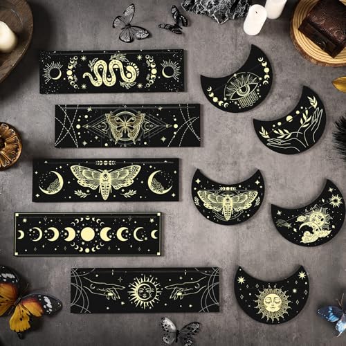 Thyle 10-Piece Black Gold Wooden Tarot Card Holder Set - Rectangular and Moon Shaped Stands for Display and Gifts