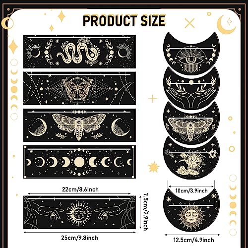 Thyle 10-Piece Black Gold Wooden Tarot Card Holder Set - Rectangular and Moon Shaped Stands for Display and Gifts