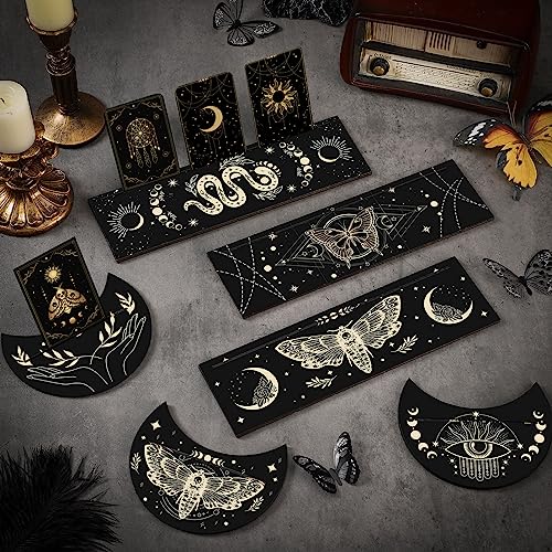 Thyle 10-Piece Black Gold Wooden Tarot Card Holder Set - Rectangular and Moon Shaped Stands for Display and Gifts