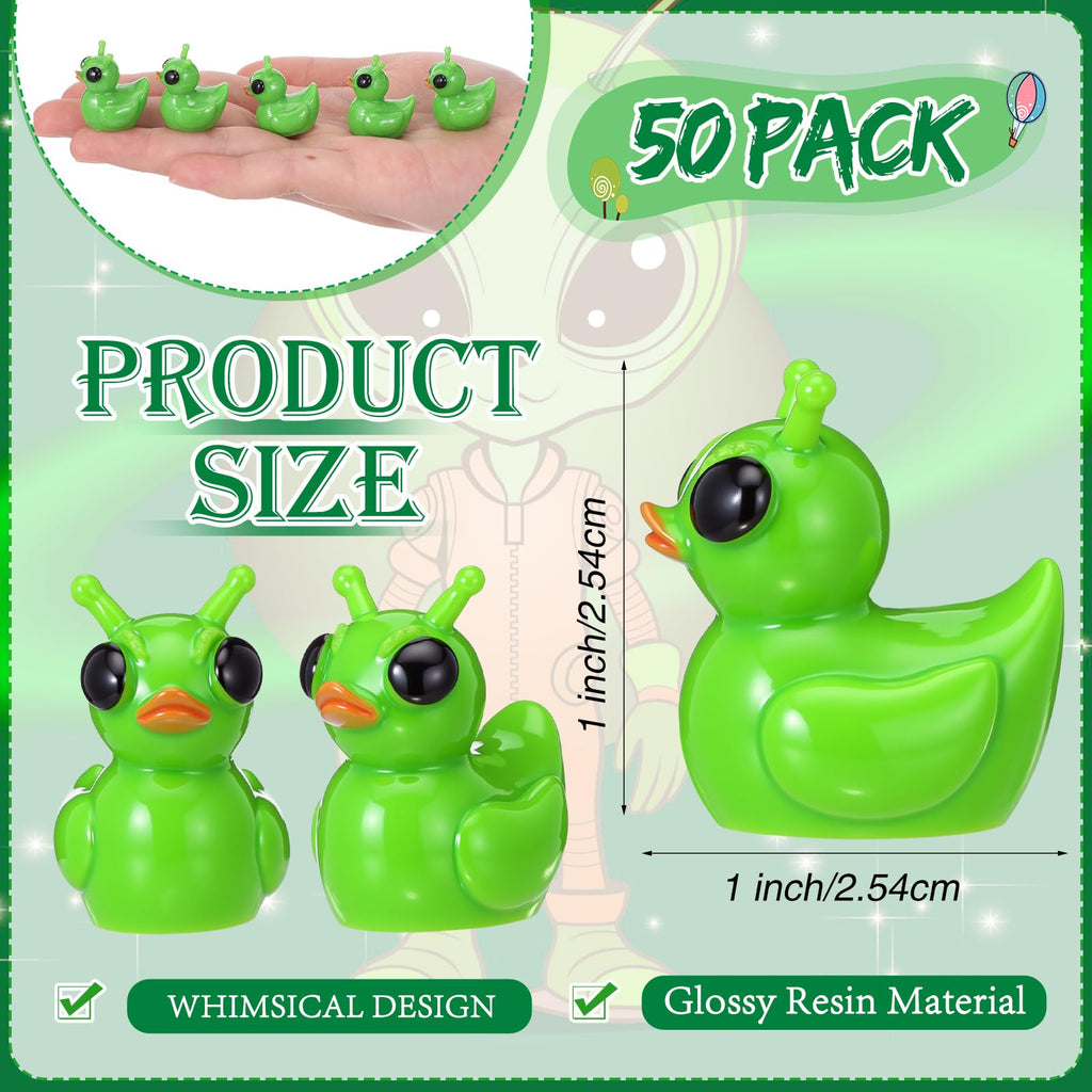 Thyle 50-Pack Mini Resin Alien Ducks – Green UFO Collectible Figures for Parties, Fairy Gardens, and Desk Decor