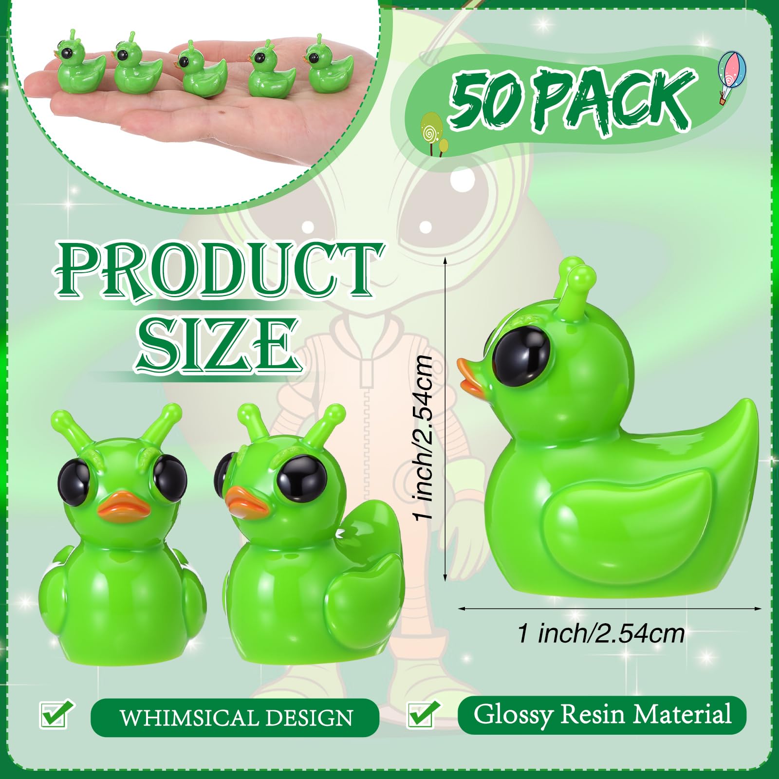 Thyle 50-Pack Mini Resin Alien Ducks – Green UFO Collectible Figures for Parties, Fairy Gardens, and Desk Decor