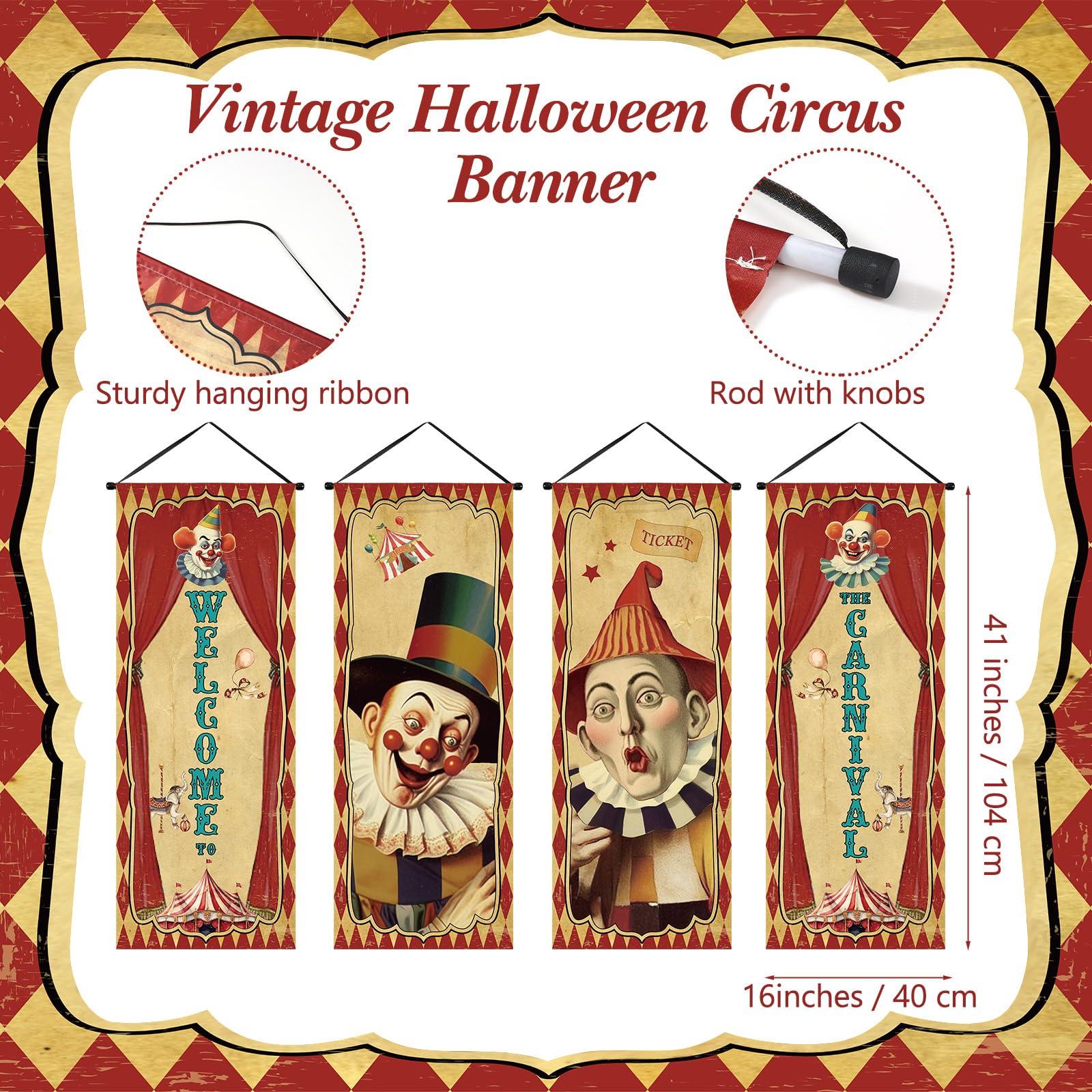 Tiamon 4-Pack Vintage Halloween Carnival Porch Banners - Retro Clown & Circus Themed Hanging Decorations for Indoor/Outdoor