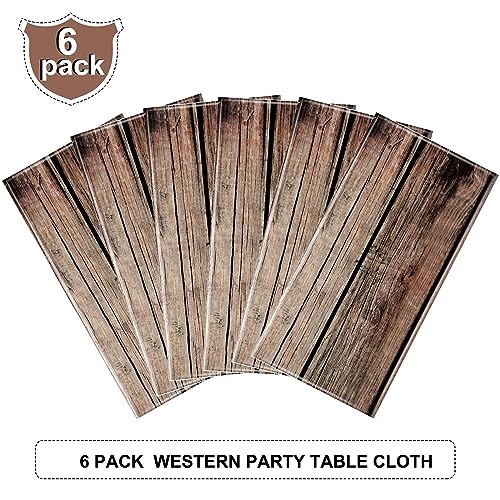 Tiamon 6-Pack Western Party Tablecloths - Plastic Cowboy Table Covers with Wood Grain Design, 54x108 Inches