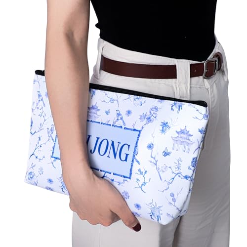 TIASUSAN Empty American Mahjong Tile Bag – White Printed Carry Case for 166 Tiles and Accessories (Bag Only)