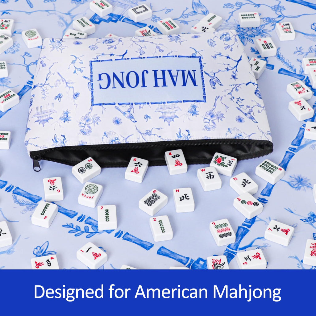 TIASUSAN Empty American Mahjong Tile Bag – White Printed Carry Case for 166 Tiles and Accessories (Bag Only)