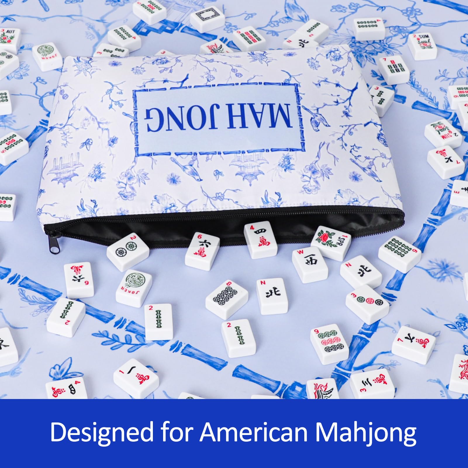 TIASUSAN Empty American Mahjong Tile Bag – White Printed Carry Case for 166 Tiles and Accessories (Bag Only)