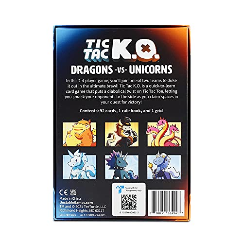 Tic Tac K.O. Card Game: Dragons vs. Unicorns – Team-Based Twist on Tic Tac Toe for 2-4 Players, Ages 8+