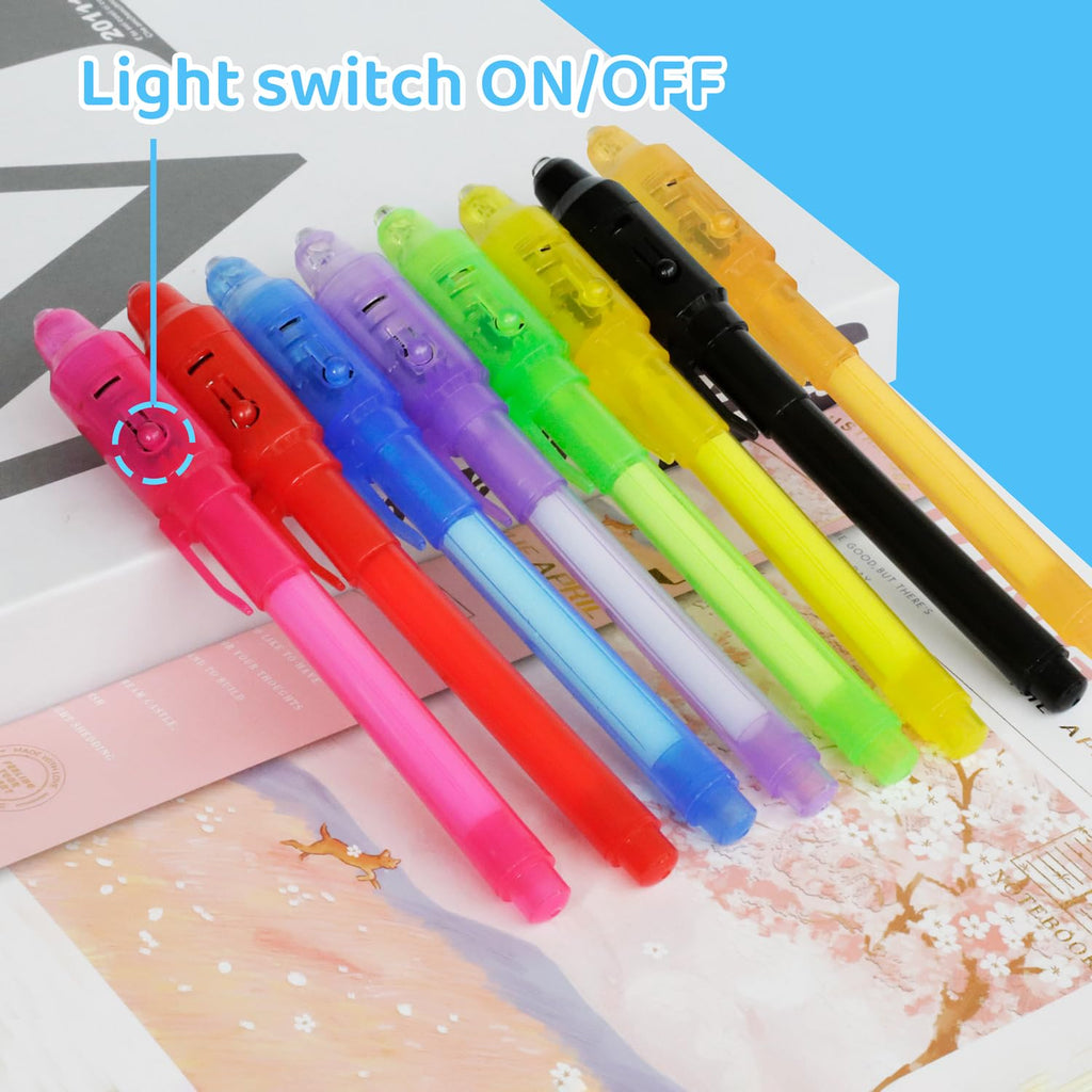 TIDALJAM 32 Pack Invisible Ink Pens with UV Light – 8 Colors Secret Message Writing Detective Party Favors for Kids