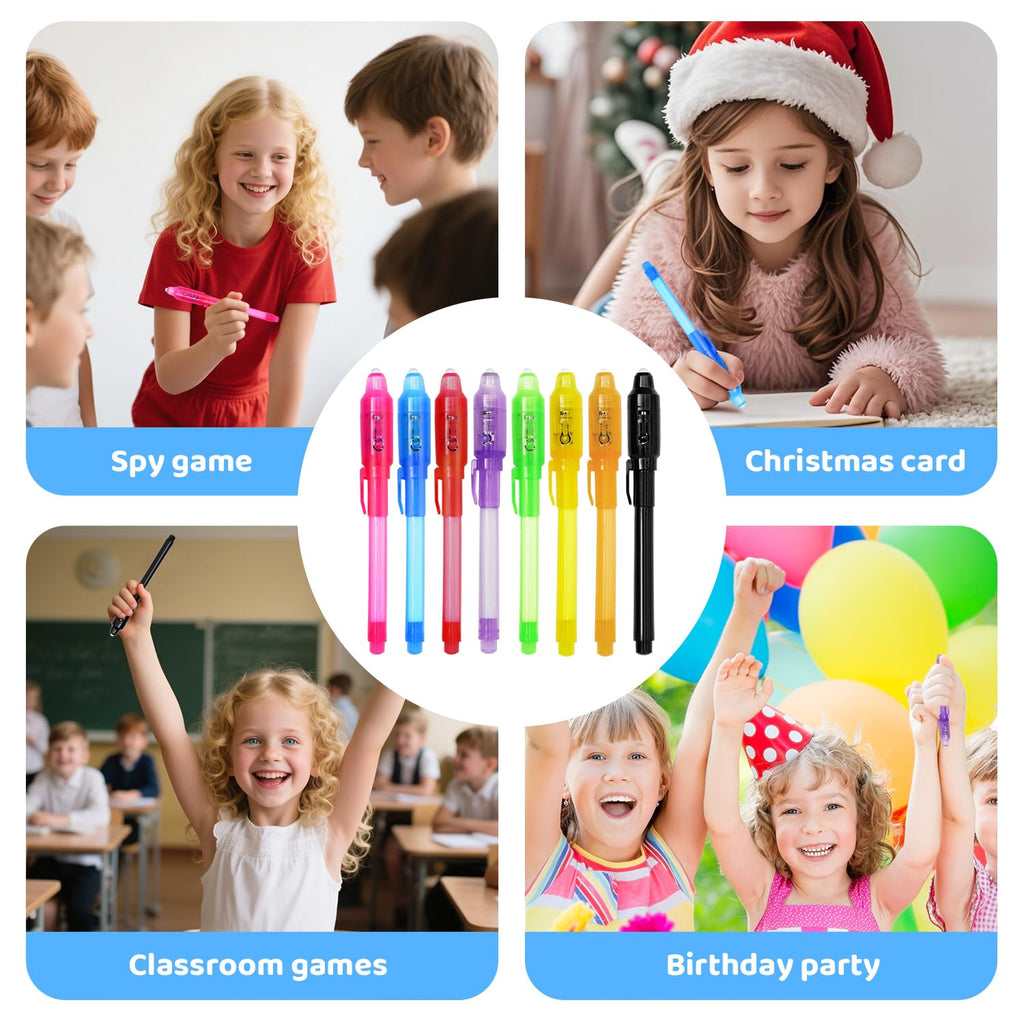 TIDALJAM 32 Pack Invisible Ink Pens with UV Light – 8 Colors Secret Message Writing Detective Party Favors for Kids