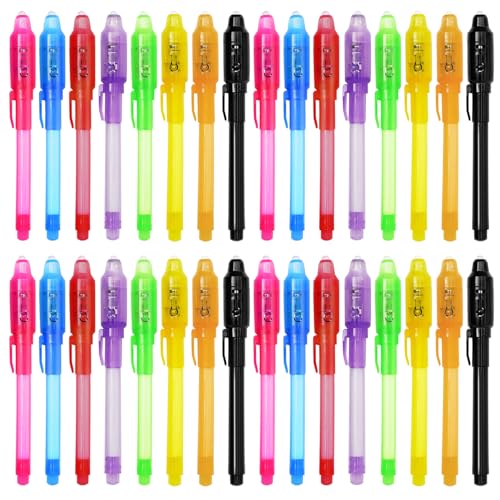 TIDALJAM 32 Pack Invisible Ink Pens with UV Light – 8 Colors Secret Message Writing Detective Party Favors for Kids