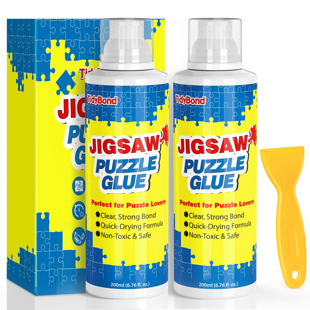Tidybond Jigsaw Puzzle Glue 2-Pack – Clear, Fast-Drying Non-Toxic Sealer with Sponge Applicator and Squeegee for 1000/3000/5000 Piece Puzzles