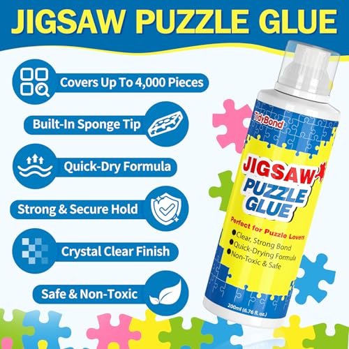 Tidybond Jigsaw Puzzle Glue 2-Pack – Clear, Fast-Drying Non-Toxic Sealer with Sponge Applicator and Squeegee for 1000/3000/5000 Piece Puzzles