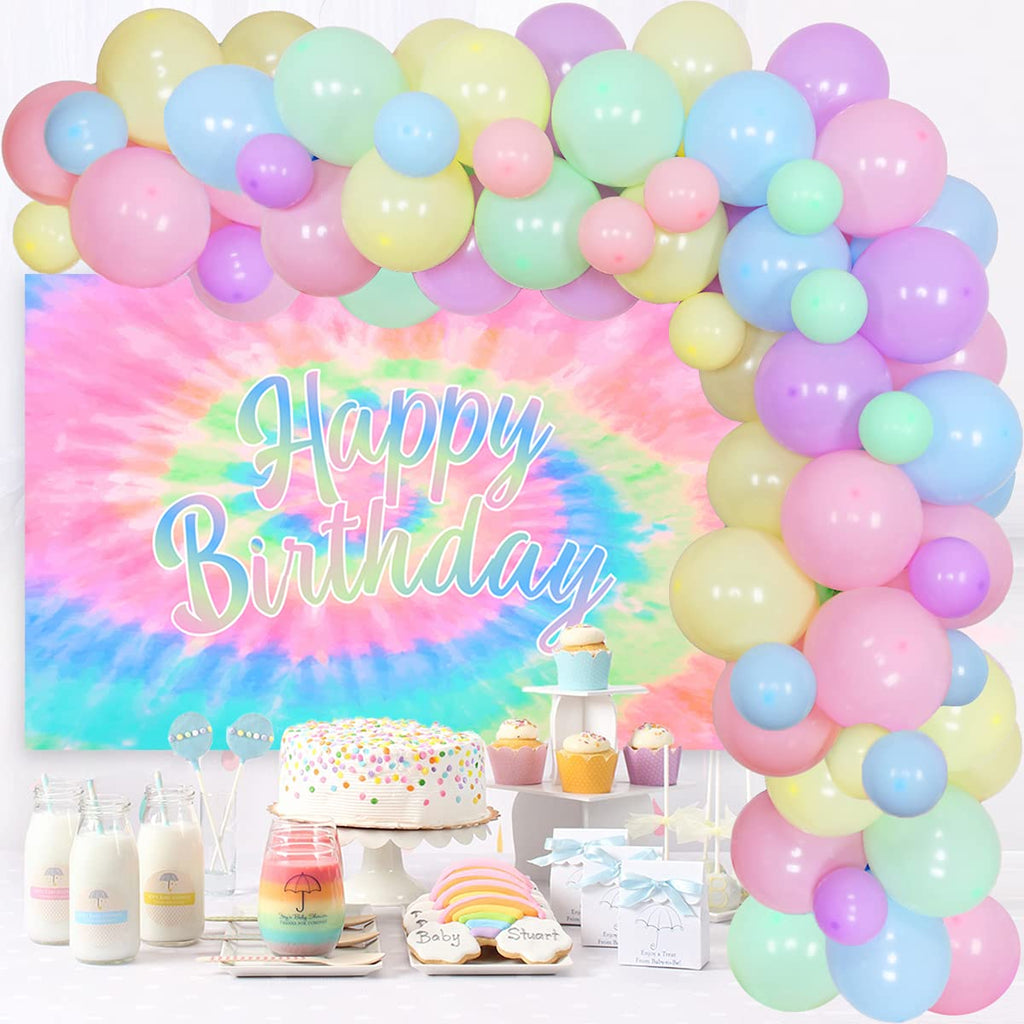 Tie Dye Birthday Decorations for Girls - Macaron Balloon Garland Kit with Happy Birthday Backdrop