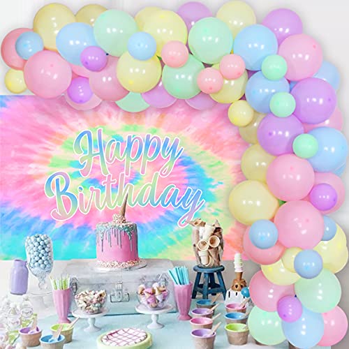 Tie Dye Birthday Decorations for Girls - Macaron Balloon Garland Kit with Happy Birthday Backdrop