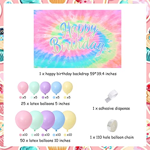 Tie Dye Birthday Decorations for Girls - Macaron Balloon Garland Kit with Happy Birthday Backdrop