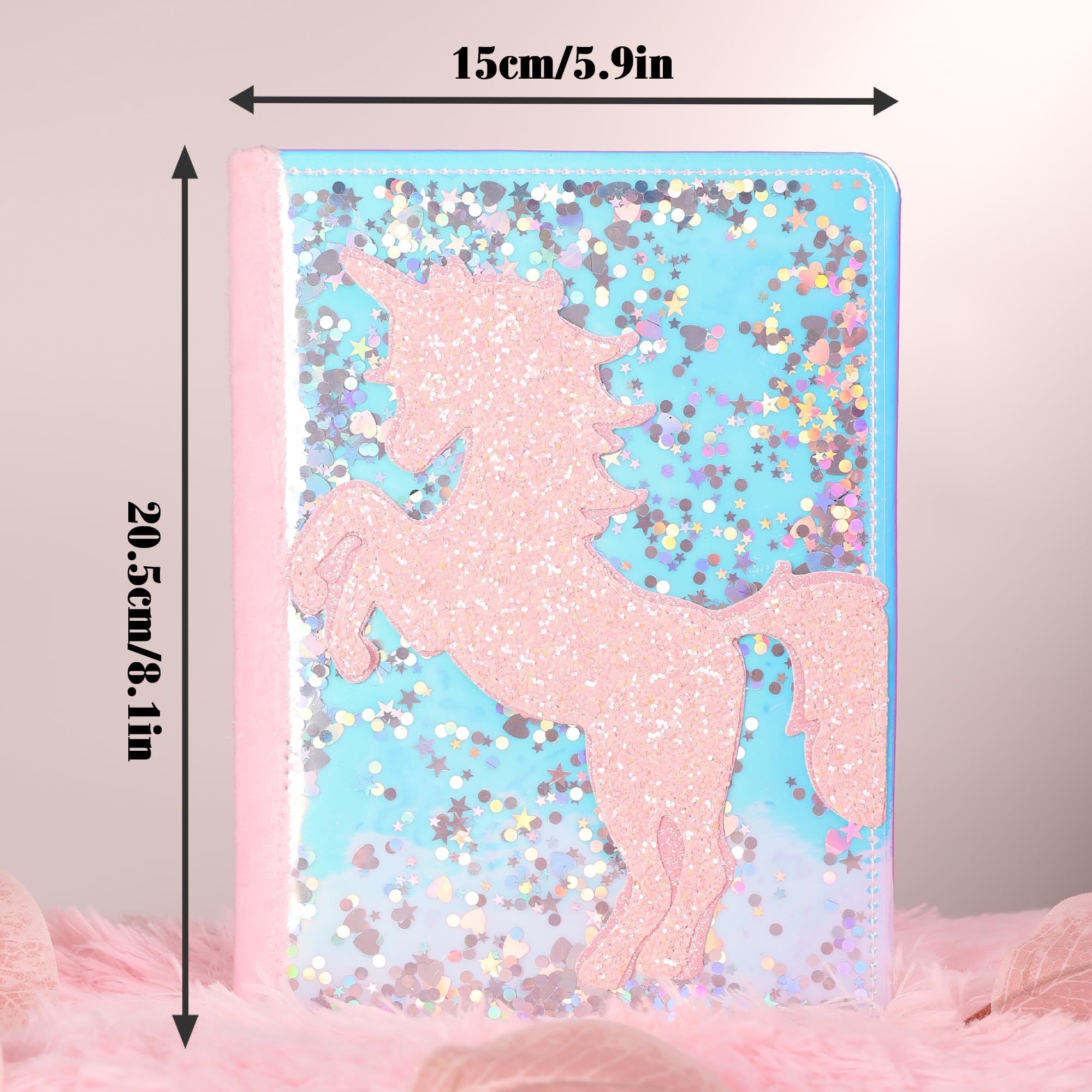 TIEFOSSI Unicorn Glitter Diary for Girls Ages 6-12 - A5 Fluffy Journal with 160 Pages and Durable Glitter Cover