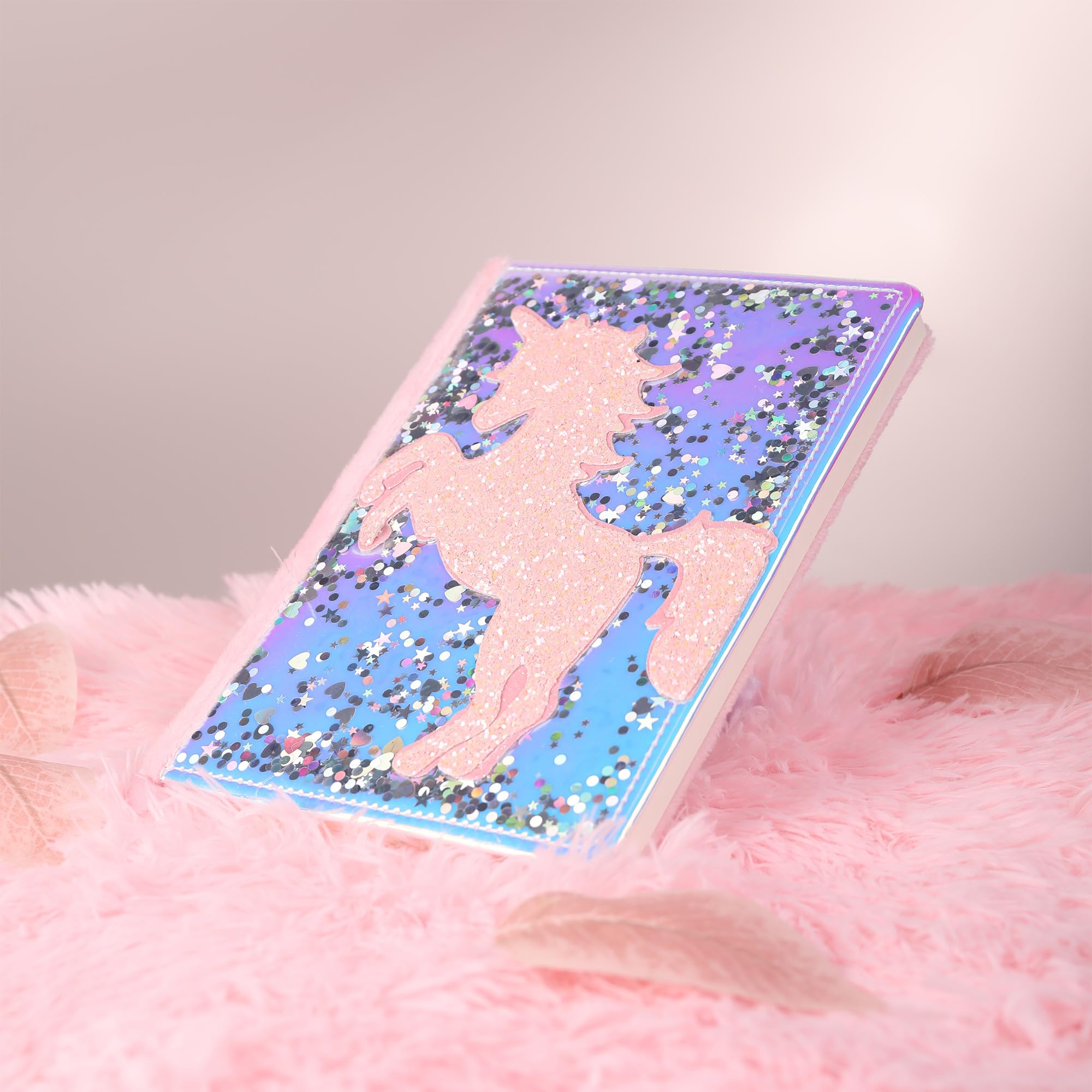 TIEFOSSI Unicorn Glitter Diary for Girls Ages 6-12 - A5 Fluffy Journal with 160 Pages and Durable Glitter Cover