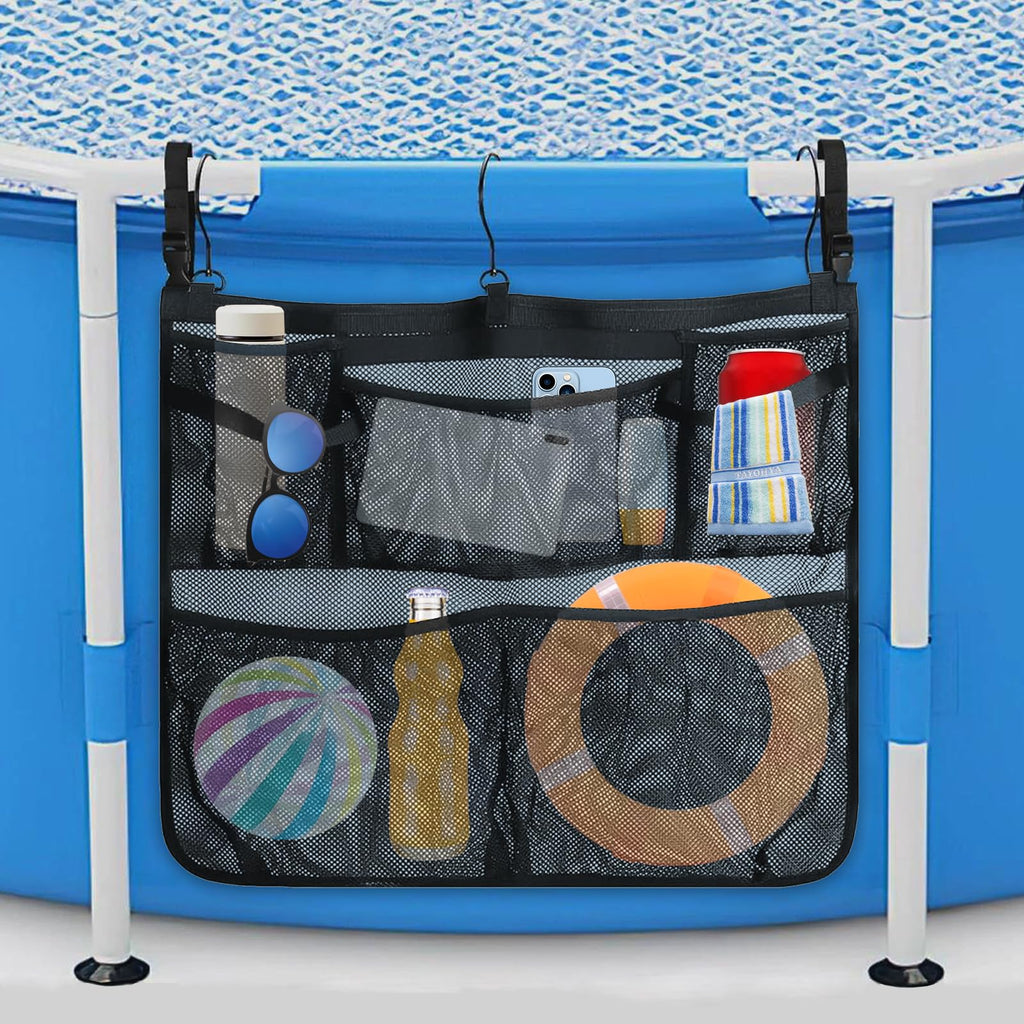 Tifwsea Pool Side Storage Mesh Bag 24x20 Inch - Hanging Organizer Net Basket with Hooks for Towels, Toys, Cups - Black