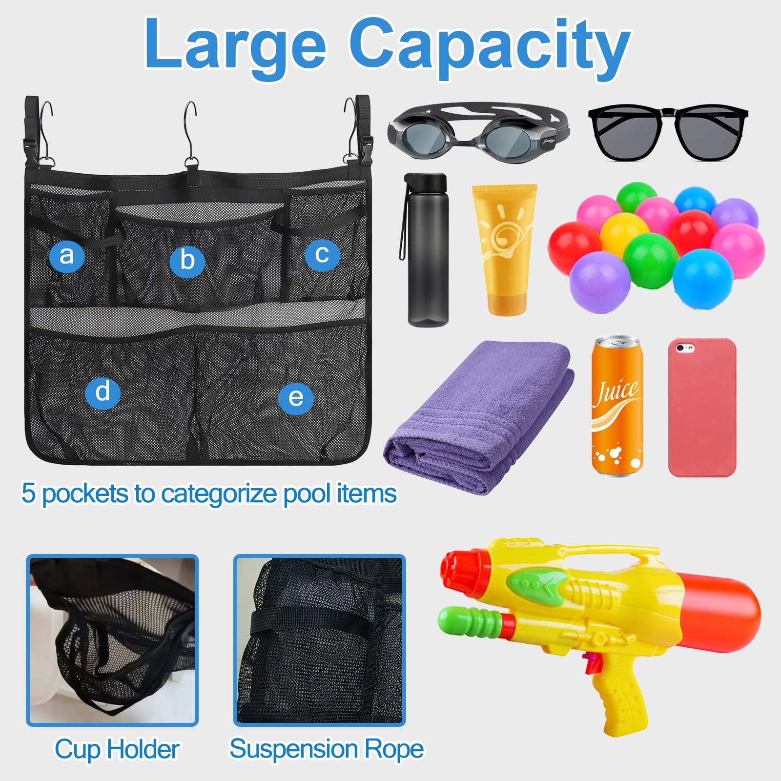 Tifwsea Pool Side Storage Mesh Bag 24x20 Inch - Hanging Organizer Net Basket with Hooks for Towels, Toys, Cups - Black