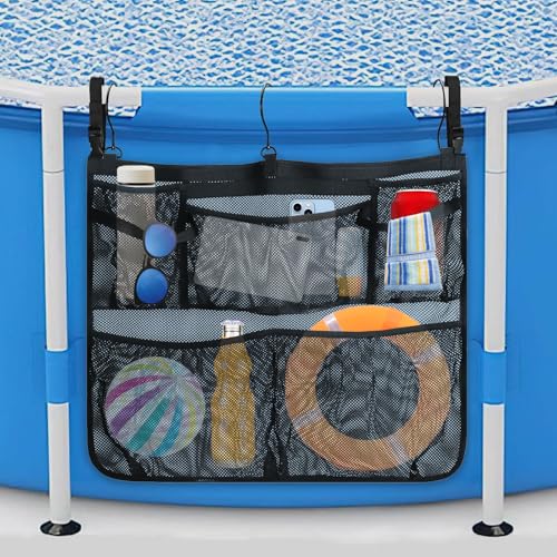 Tifwsea Pool Side Storage Mesh Bag 24x20 Inch - Hanging Organizer Net Basket with Hooks for Towels, Toys, Cups - Black