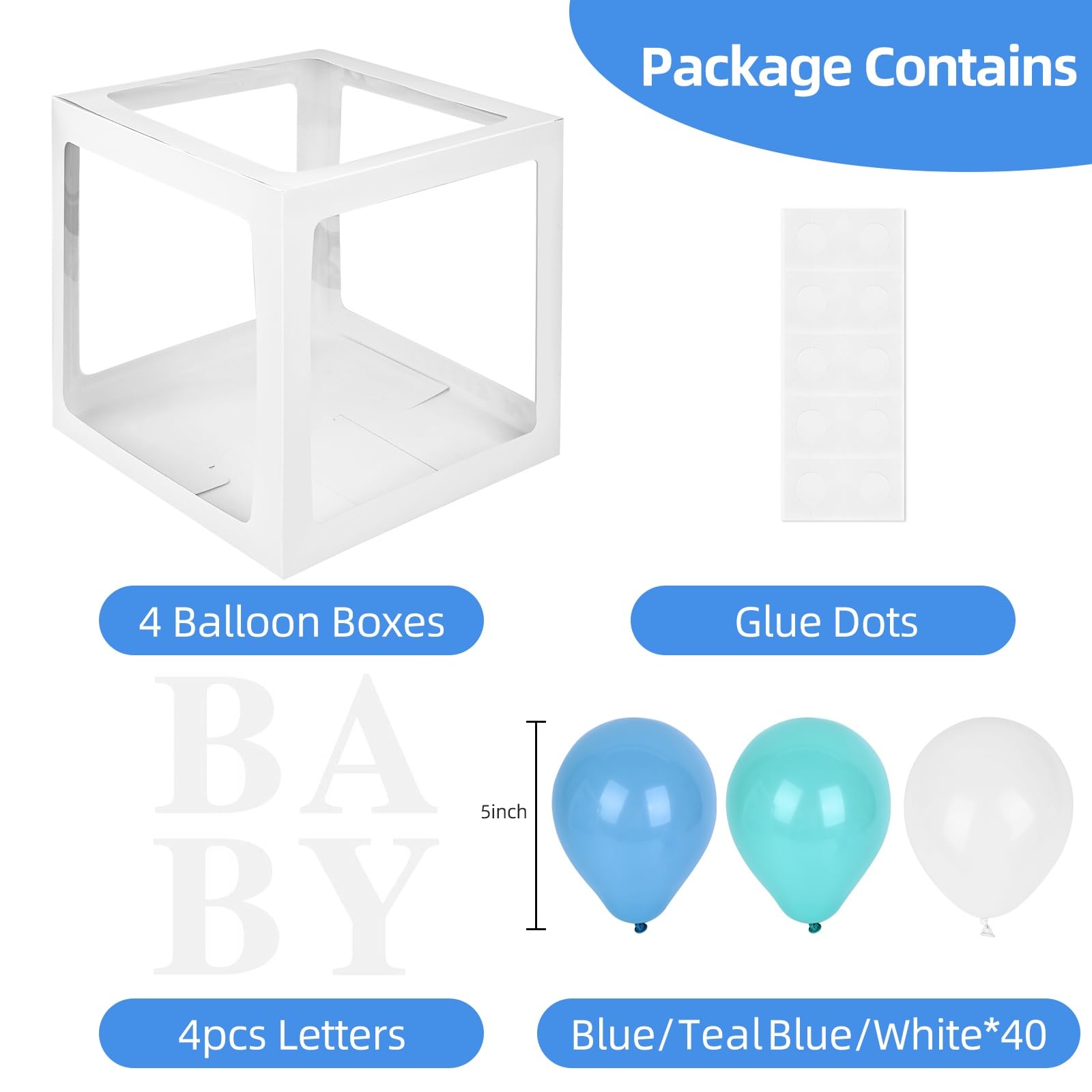TILBLKUP Baby Shower Balloon Box Kit with 40 Blue Balloons and 'BABY' Letters