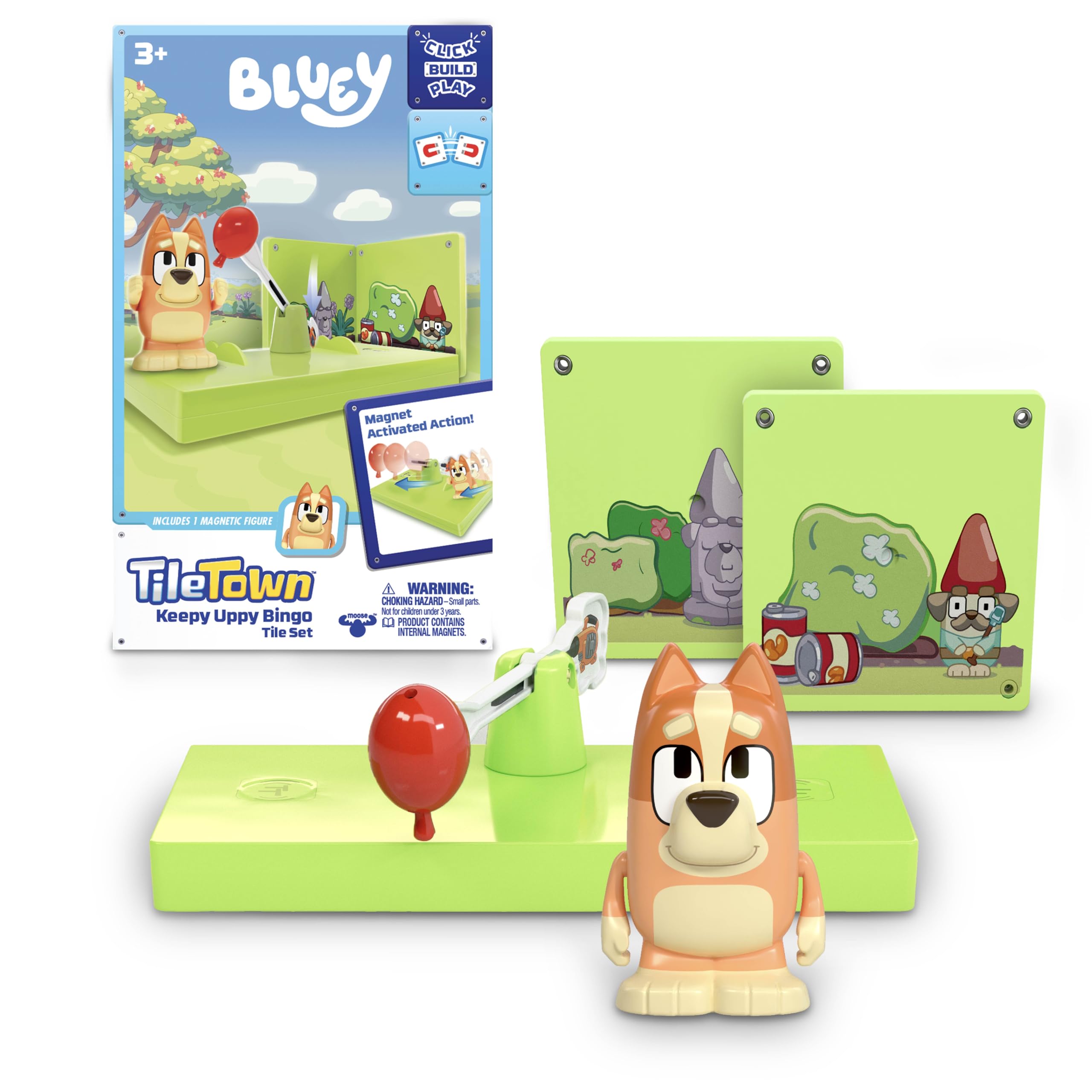 Tile Town Bluey & Bingo Keepy Uppy Magnetic Tile Set – 4-Piece STEM Building Toy with Action Tile