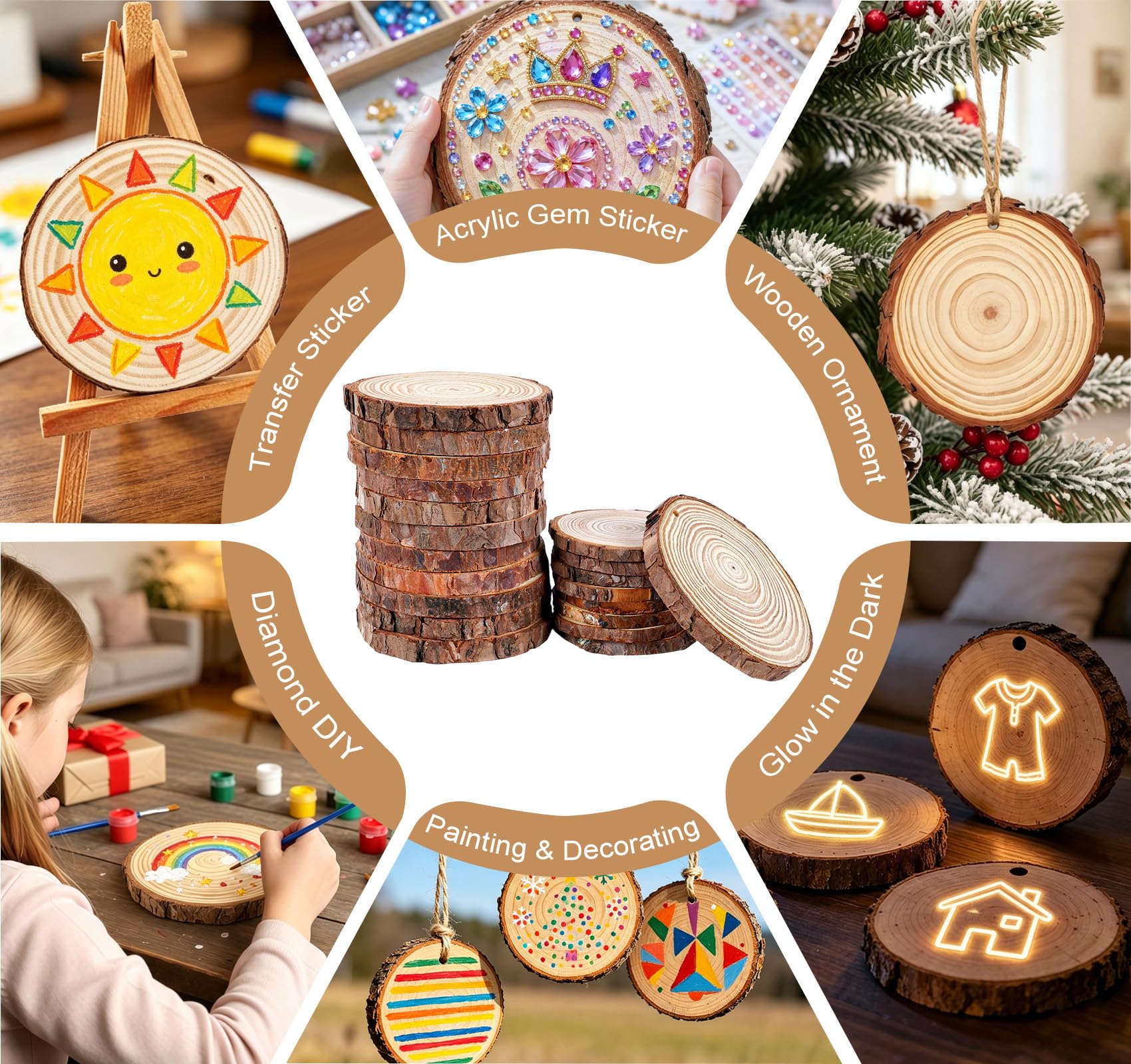 Timburst 171-Piece Wood Slices Craft Kit with Glow in the Dark Pens – Kids Painting Set for Ages 6+