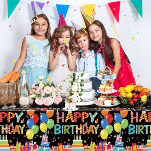 Tingjoo 4 Pack Black Plastic Birthday Tablecloths 54x108 Inches - Disposable Party Table Cover with Colorful Balloon Design