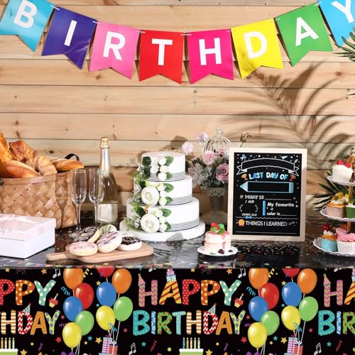 Tingjoo 4 Pack Black Plastic Birthday Tablecloths 54x108 Inches - Disposable Party Table Cover with Colorful Balloon Design