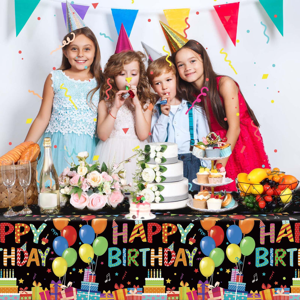 Tingjoo 4 Pack Black Plastic Birthday Tablecloths 54x108 Inches - Disposable Party Table Cover with Colorful Balloon Design