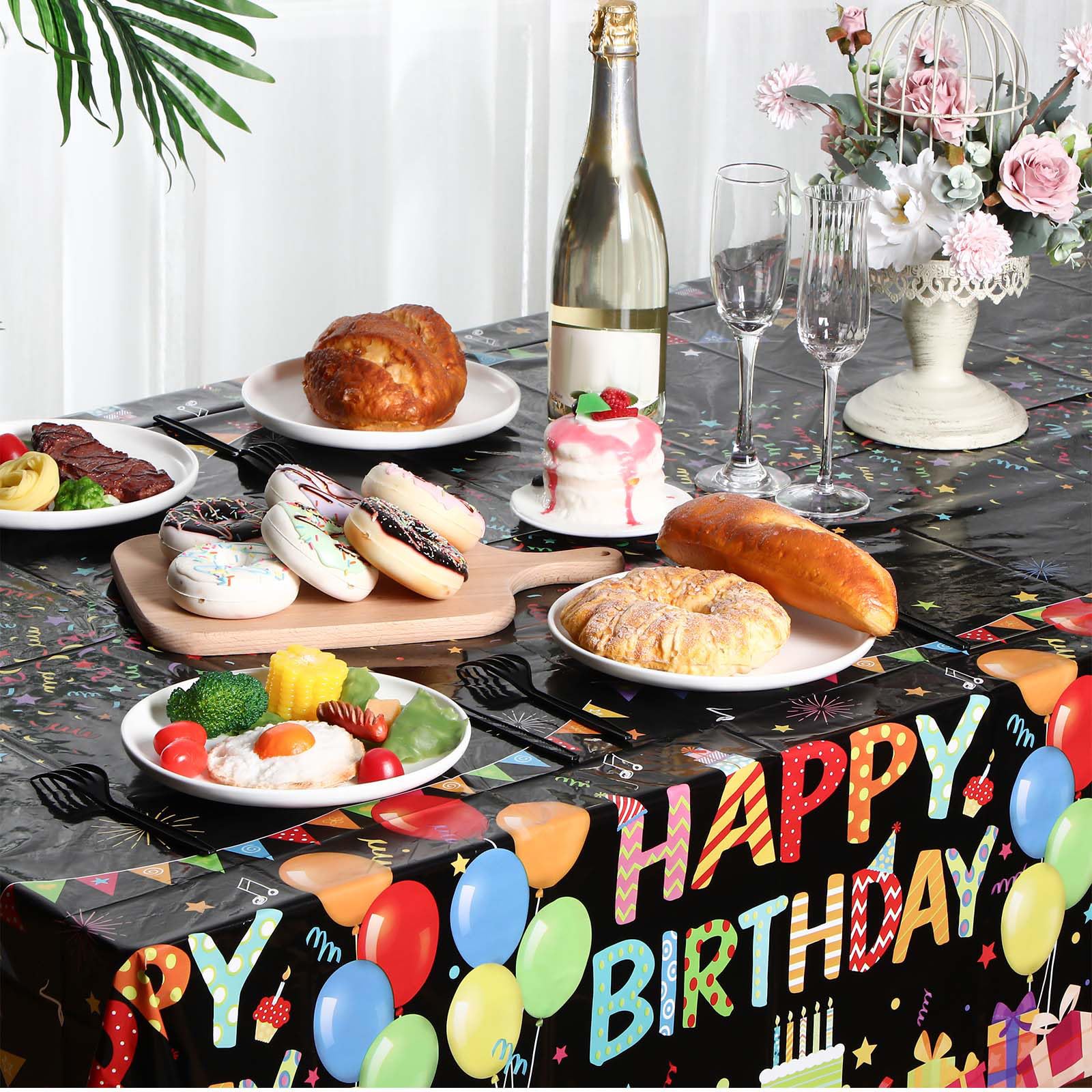 Tingjoo 4 Pack Black Plastic Birthday Tablecloths 54x108 Inches - Disposable Party Table Cover with Colorful Balloon Design