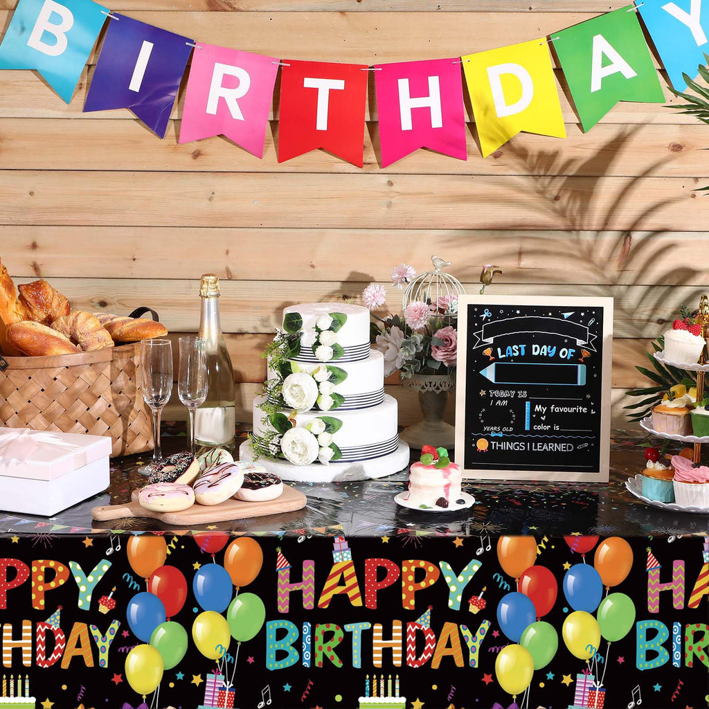 Tingjoo 4 Pack Black Plastic Birthday Tablecloths 54x108 Inches - Disposable Party Table Cover with Colorful Balloon Design