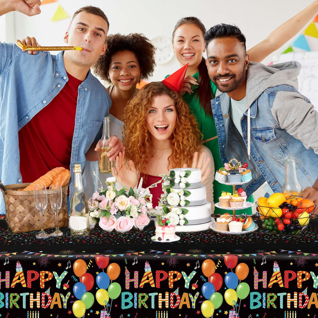 Tingjoo 4 Pack Black Plastic Birthday Tablecloths 54x108 Inches - Disposable Party Table Cover with Colorful Balloon Design