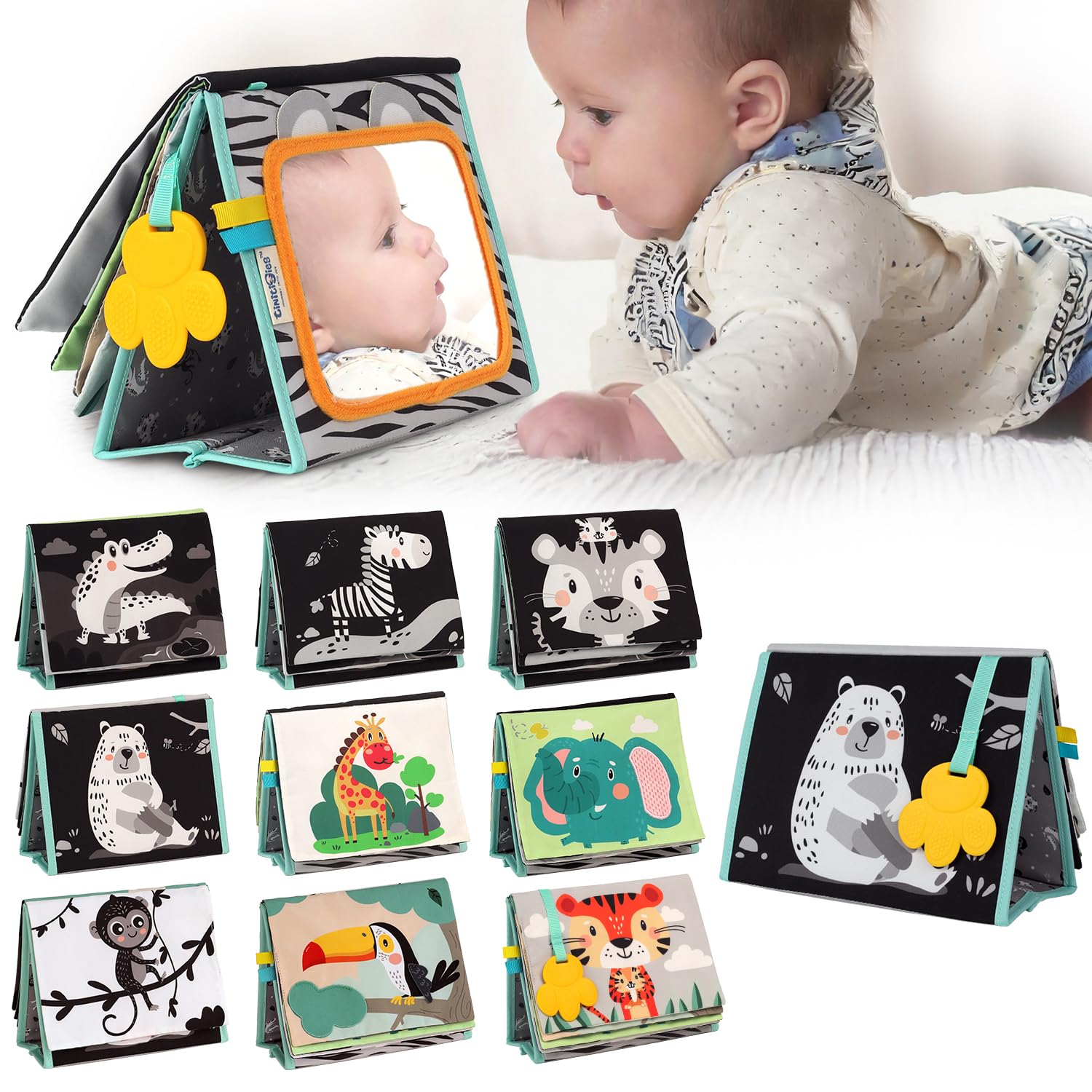 TINITIGIES Tummy Time Mirror and Sensory Book Set for Newborns 0-6 Months