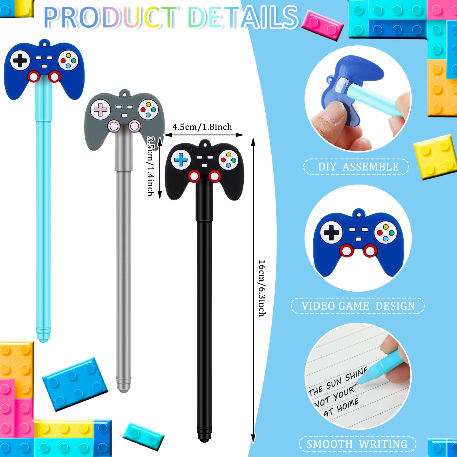 Tinlade 24-Piece Video Game Pens - Game Controller Cap Pens for Party Favors, Gifts, and Classroom Use (Black, Blue, Gray)