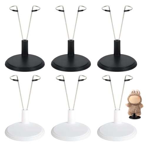 Tinoaly 6-Pack Adjustable Doll Display Stands for 4-8 Inch Dolls, White & Black Plastic and Steel