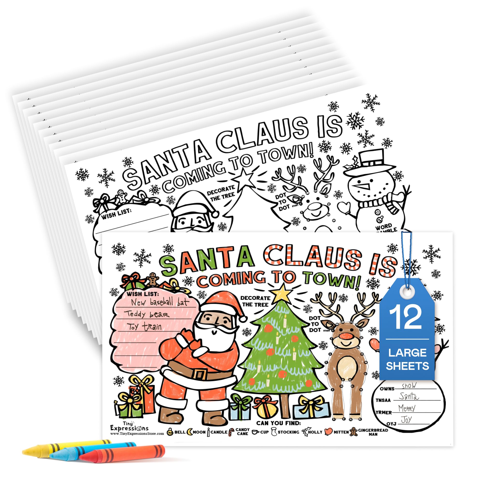 Tiny Expressions Christmas Placemats for Kids – Pack of 12 Coloring Activity Mats, 11x17 Inches, Disposable Bulk Set