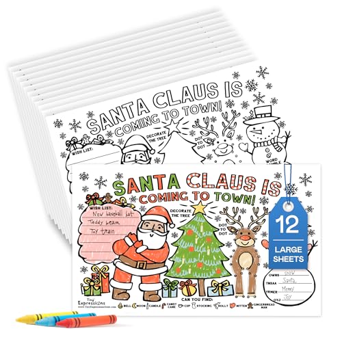 Tiny Expressions Christmas Placemats for Kids – Pack of 12 Coloring Activity Mats, 11x17 Inches, Disposable Bulk Set