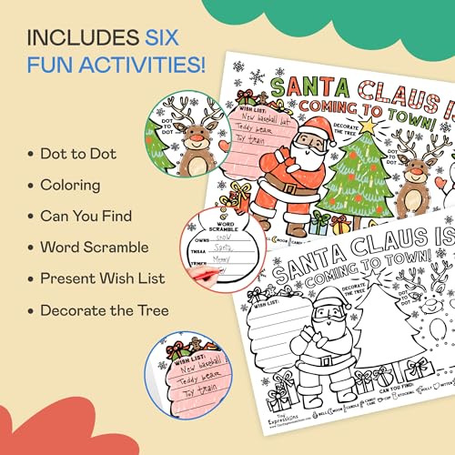 Tiny Expressions Christmas Placemats for Kids – Pack of 12 Coloring Activity Mats, 11x17 Inches, Disposable Bulk Set