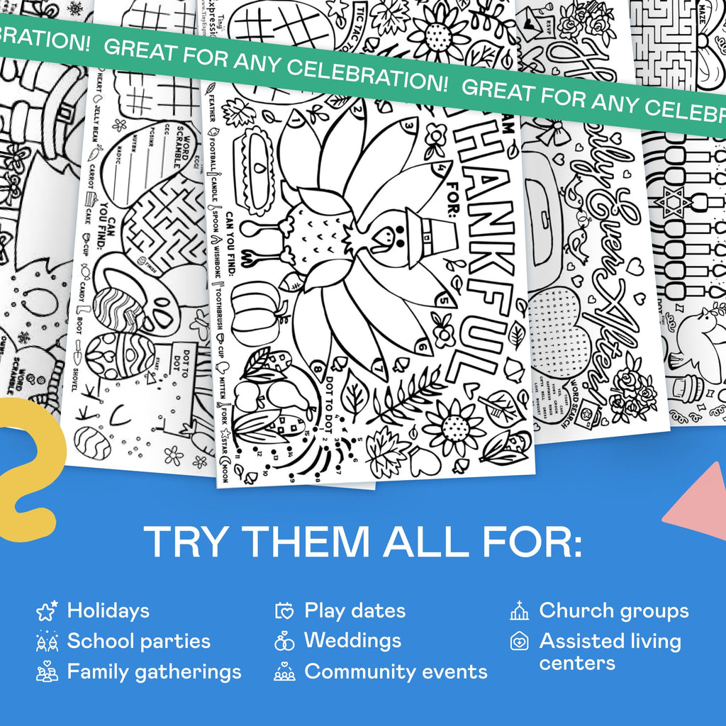 Tiny Expressions Christmas Placemats for Kids – Pack of 12 Coloring Activity Mats, 11x17 Inches, Disposable Bulk Set