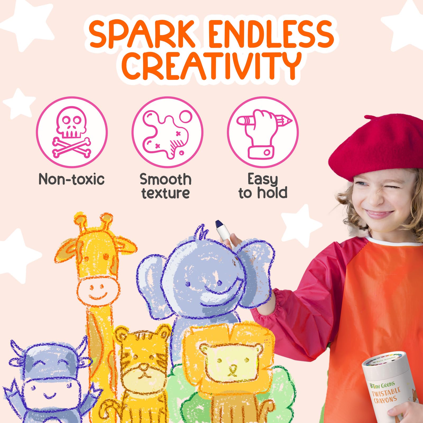 TinyGeeks 24 Twistable Crayons - Non Toxic, Washable, Easy Grip for Toddlers Ages 3-8