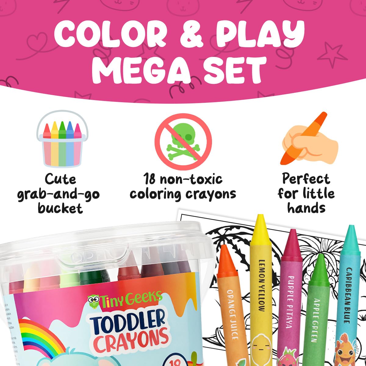 TinyGeeks Jumbo Crayons for Toddlers 3-8 – 18 Non-Toxic, Washable Crayons with Coloring Sheets
