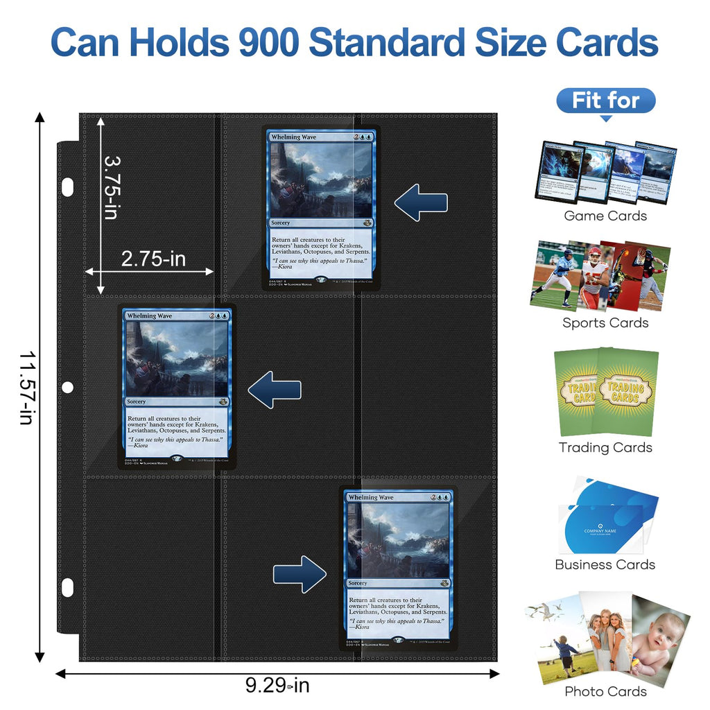 TiopLior 50-Pack 9-Pocket Card Sleeves - 900 Cards Capacity, Black Polypropylene Pages for 3-Ring Binders (Standard Size)