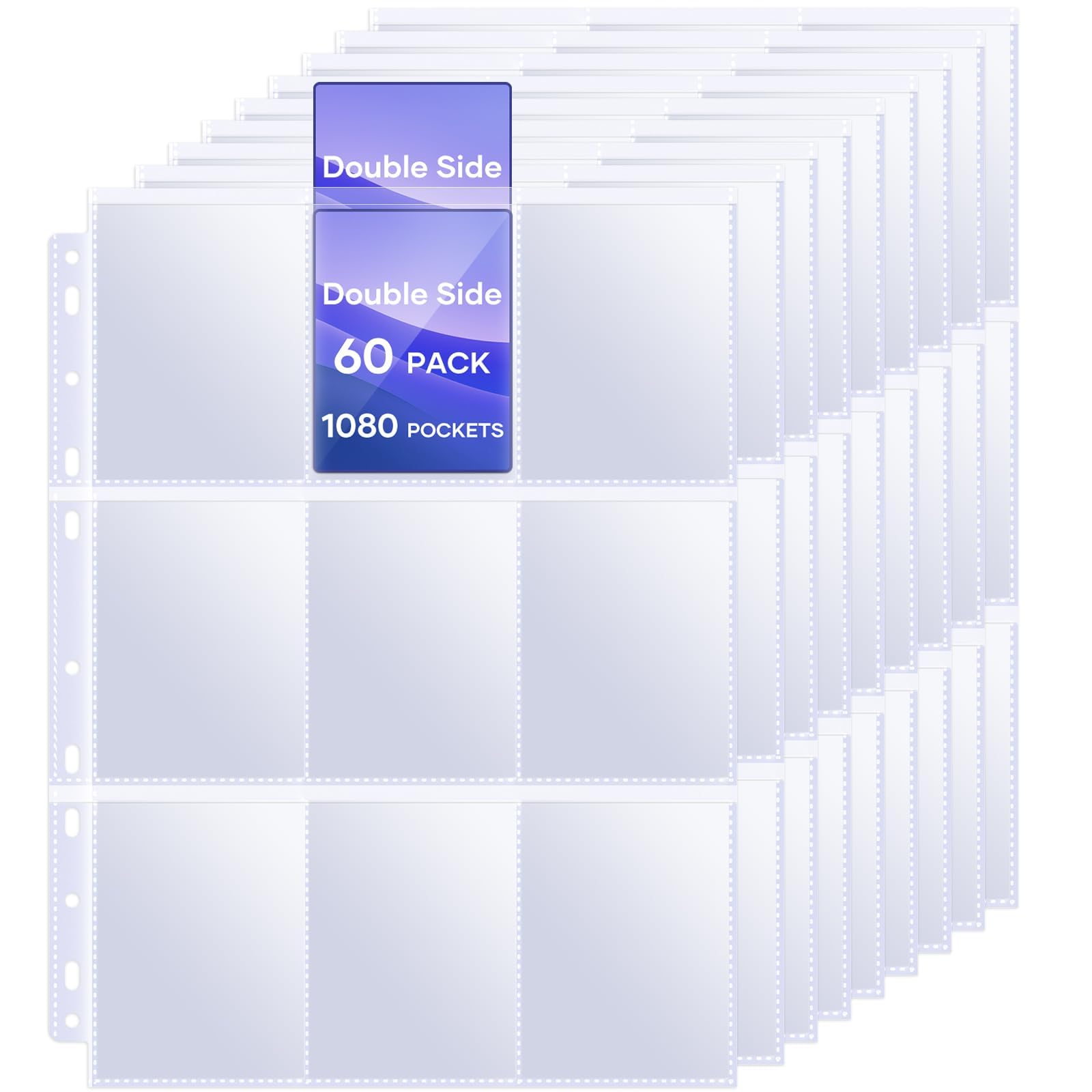 TiopLior 60-Pack 9-Pocket Double-Sided Card Sleeves for 3-Ring Binder – Holds 1080 Cards, Clear Polypropylene
